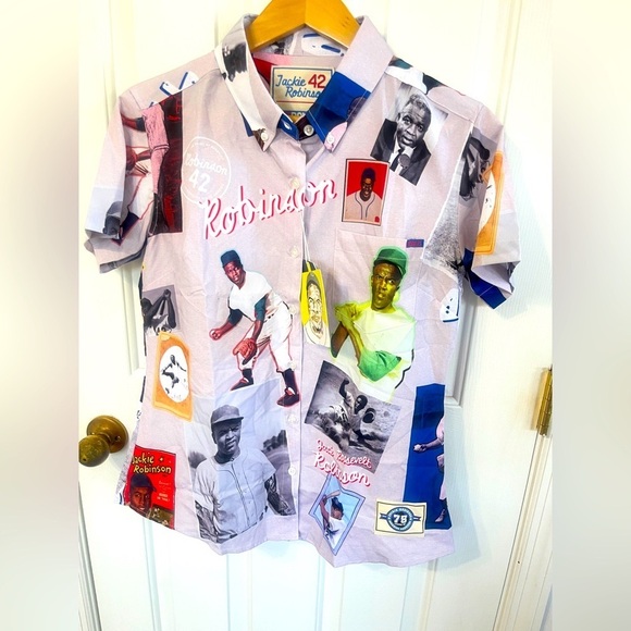RSVLTS Medium Jackie Robinson Scrapbook Brooklyn Dodger 42 Kunuflex Button Shirt - Picture 1 of 8